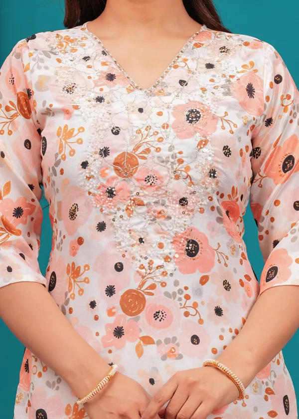 White_Chinon_V_Neck_3/4Th_Sleeves_Floral_Digital_Printed_Straight_Kurta,_Pant_Set_With_Dupatta_new