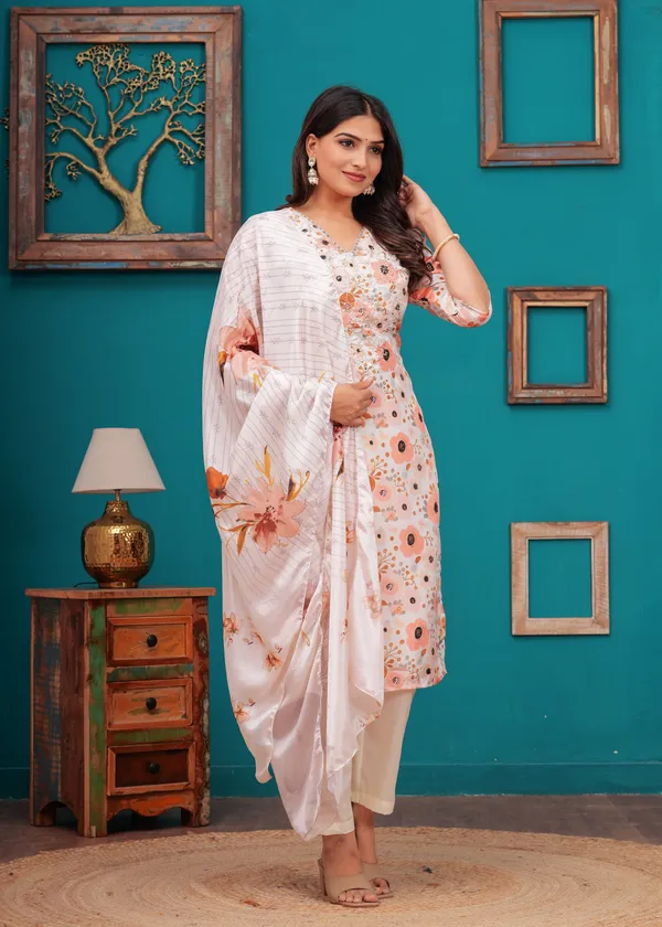 White_Chinon_V_Neck_3/4Th_Sleeves_Floral_Digital_Printed_Straight_Kurta,_Pant_Set_With_Dupatta_new