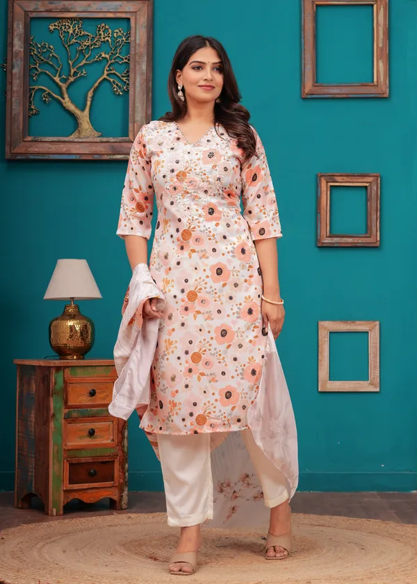 White_Chinon_V_Neck_3/4Th_Sleeves_Floral_Digital_Printed_Straight_Kurta,_Pant_Set_With_Dupatta_new
