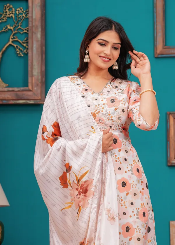 White_Chinon_V_Neck_3/4Th_Sleeves_Floral_Digital_Printed_Straight_Kurta,_Pant_Set_With_Dupatta_new