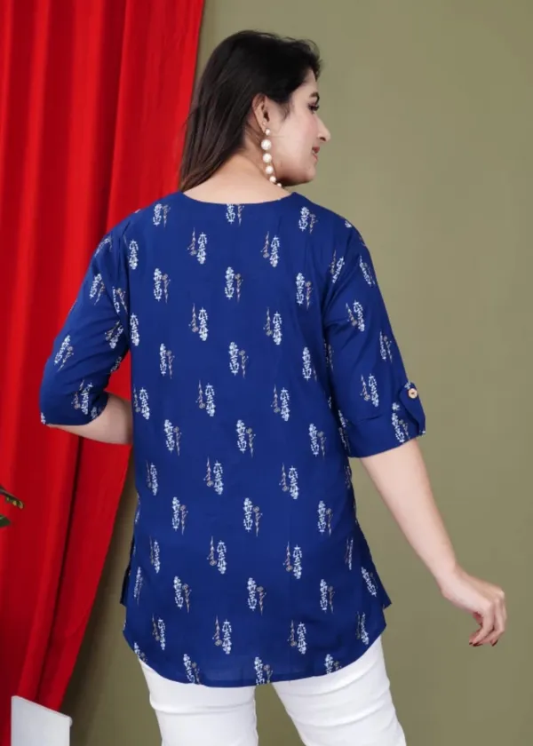 Casual_Roll_Up_Sleeves_Printed_Women_Blue_Top