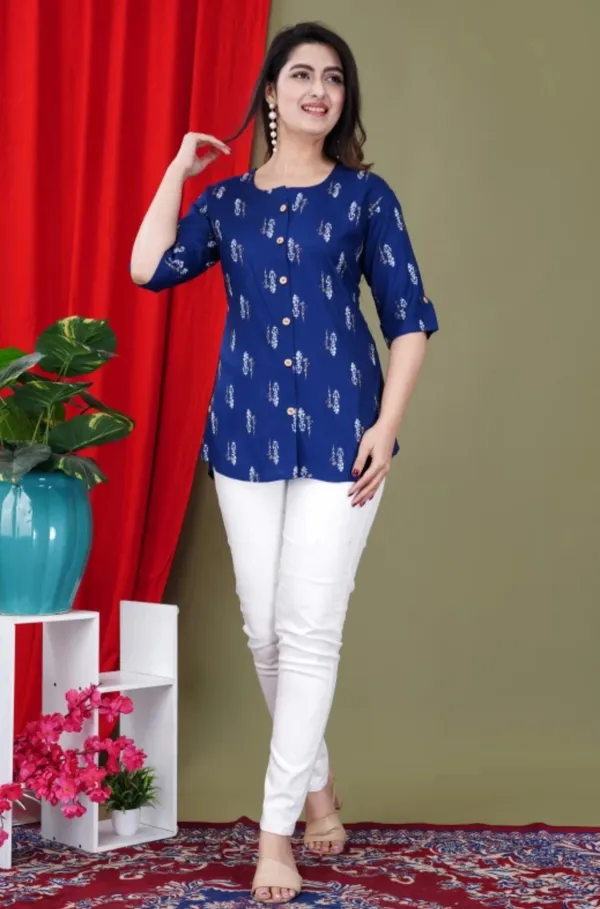 Casual_Roll_Up_Sleeves_Printed_Women_Blue_Top