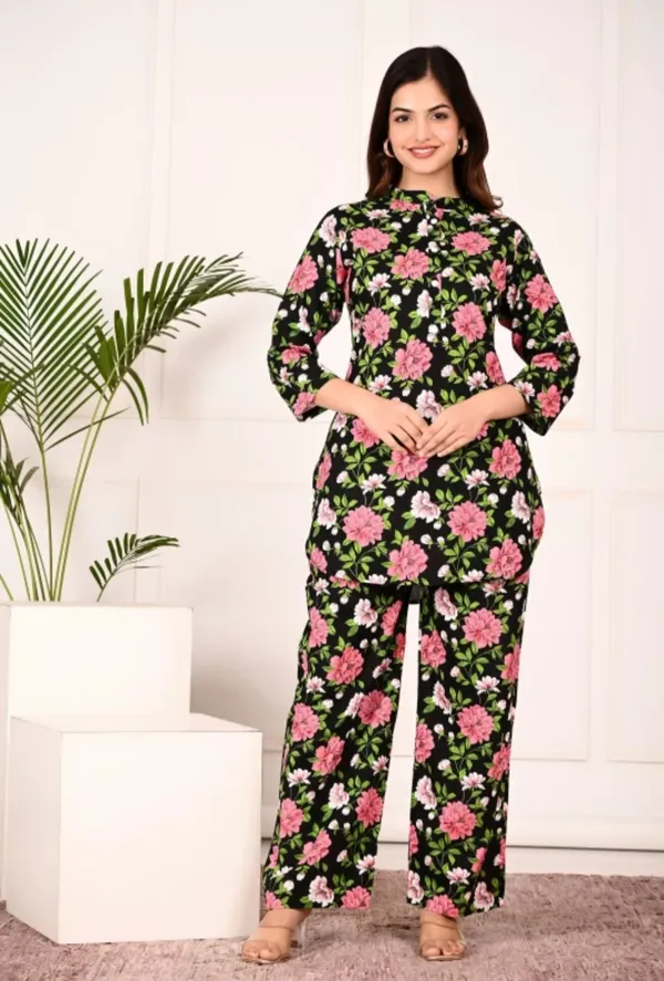 Black_Rayon_Mandarin_Collar_3/4Th_Sleeves_Floral_Printed_Top_&_Pant_Co-Ord_Set