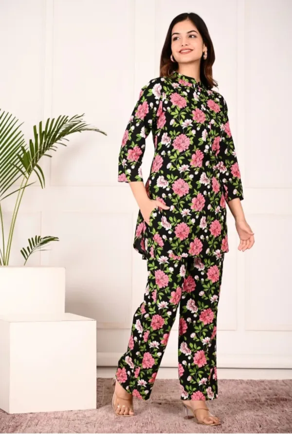 Black_Rayon_Mandarin_Collar_3/4Th_Sleeves_Floral_Printed_Top_&_Pant_Co-Ord_Set