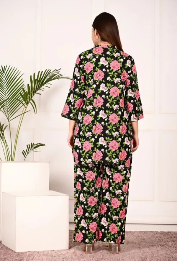 Black_Rayon_Mandarin_Collar_3/4Th_Sleeves_Floral_Printed_Top_&_Pant_Co-Ord_Set