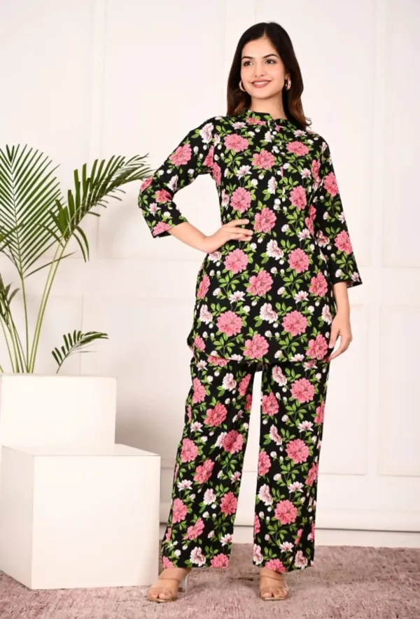 Black_Rayon_Mandarin_Collar_3/4Th_Sleeves_Floral_Printed_Top_&_Pant_Co-Ord_Set