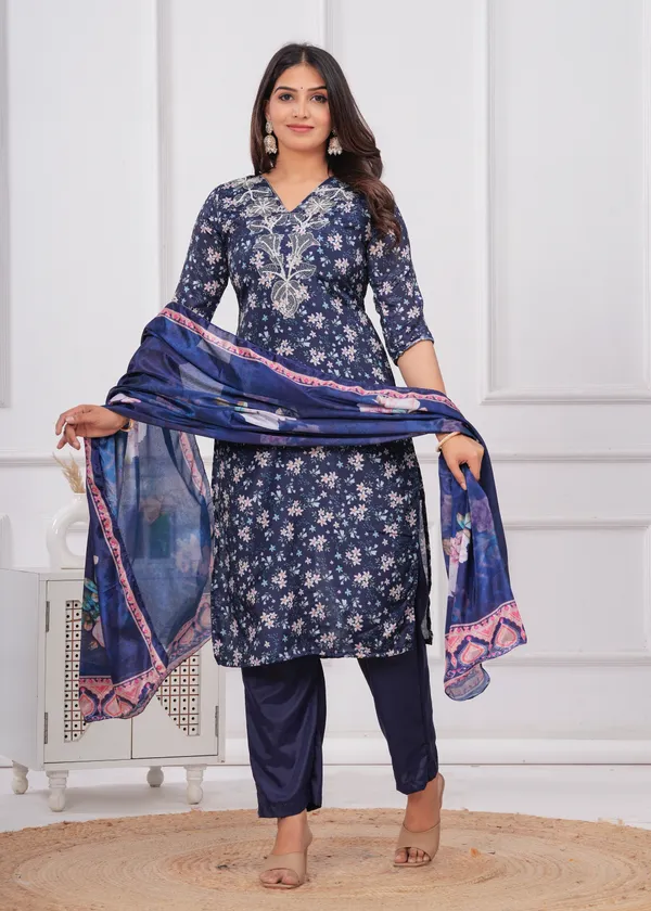 Navy_Blue_Chinon_V_Neck_3/4Th_Sleeves_Floral_Printed_Straight_Kurta,_Pant_Set_With_Dupatta