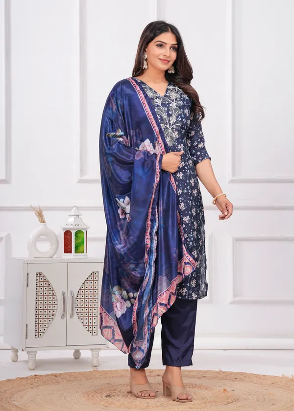 Navy_Blue_Chinon_V_Neck_3/4Th_Sleeves_Floral_Printed_Straight_Kurta,_Pant_Set_With_Dupatta