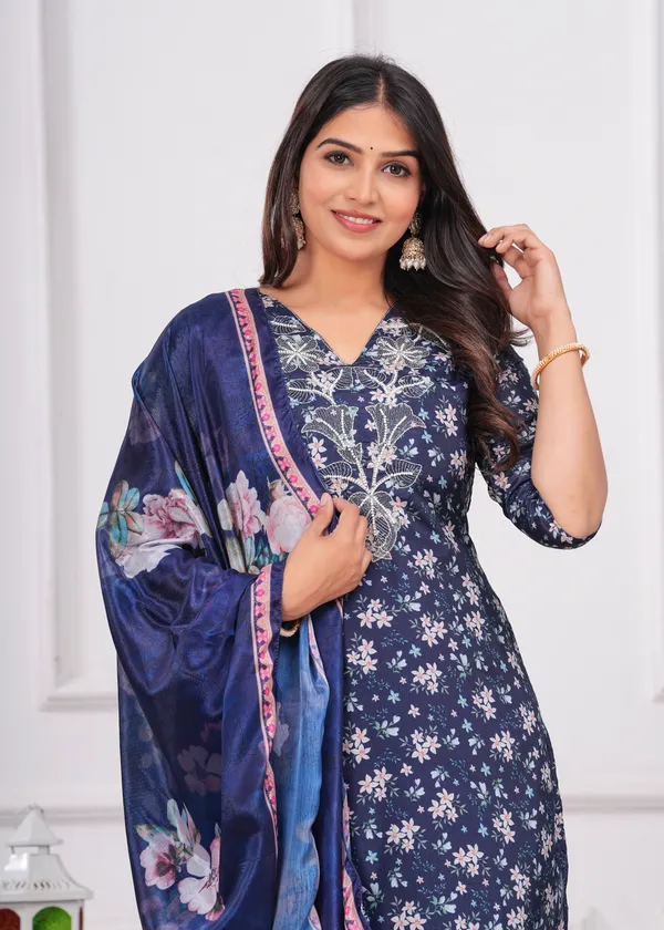 Navy_Blue_Chinon_V_Neck_3/4Th_Sleeves_Floral_Printed_Straight_Kurta,_Pant_Set_With_Dupatta
