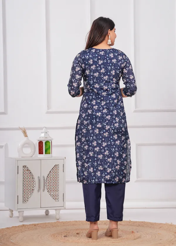 Navy_Blue_Chinon_V_Neck_3/4Th_Sleeves_Floral_Printed_Straight_Kurta,_Pant_Set_With_Dupatta