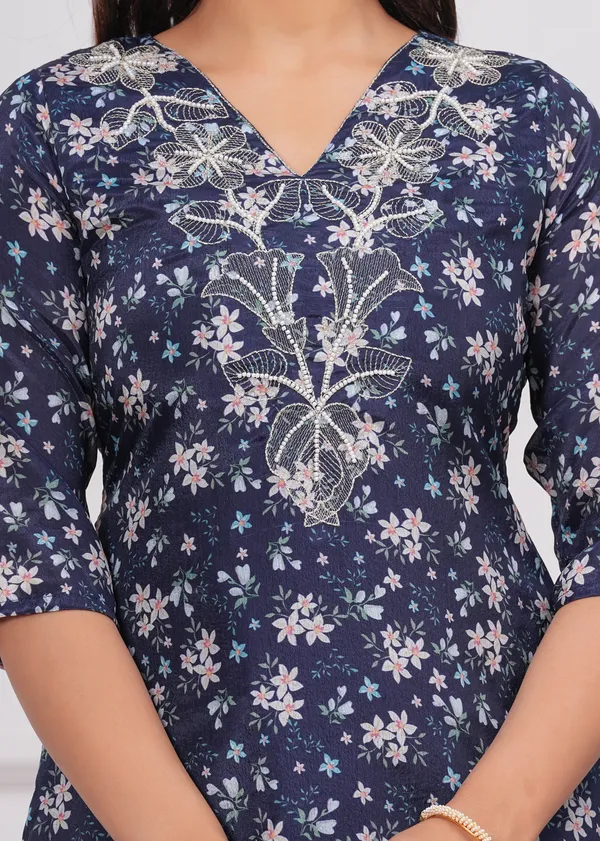 Navy_Blue_Chinon_V_Neck_3/4Th_Sleeves_Floral_Printed_Straight_Kurta,_Pant_Set_With_Dupatta