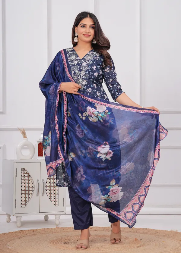 Navy_Blue_Chinon_V_Neck_3/4Th_Sleeves_Floral_Printed_Straight_Kurta,_Pant_Set_With_Dupatta