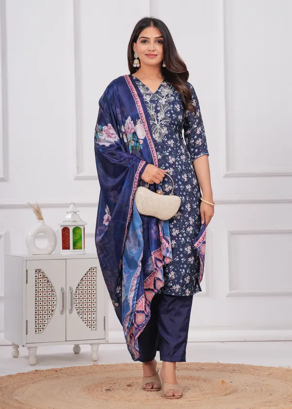 Navy_Blue_Chinon_V_Neck_3/4Th_Sleeves_Floral_Printed_Straight_Kurta,_Pant_Set_With_Dupatta