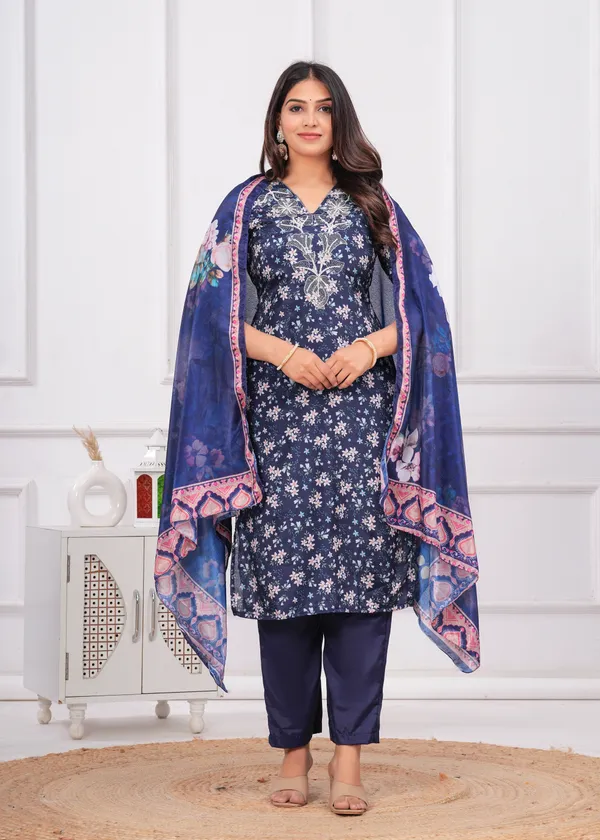 Navy_Blue_Chinon_V_Neck_3/4Th_Sleeves_Floral_Printed_Straight_Kurta,_Pant_Set_With_Dupatta