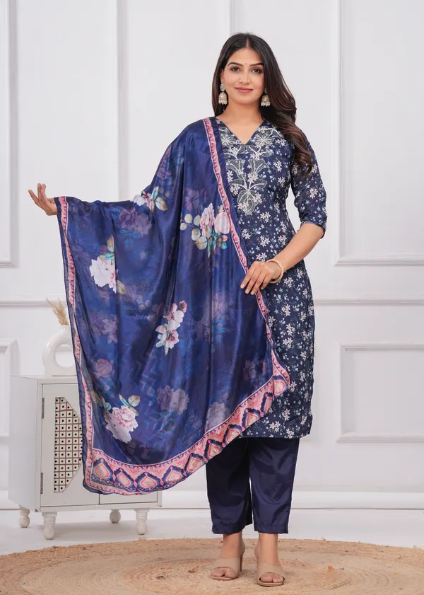 Navy_Blue_Chinon_V_Neck_3/4Th_Sleeves_Floral_Printed_Straight_Kurta,_Pant_Set_With_Dupatta