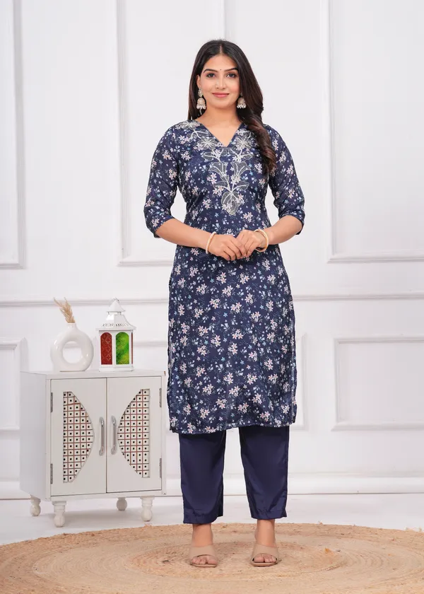 Navy_Blue_Chinon_V_Neck_3/4Th_Sleeves_Floral_Printed_Straight_Kurta,_Pant_Set_With_Dupatta