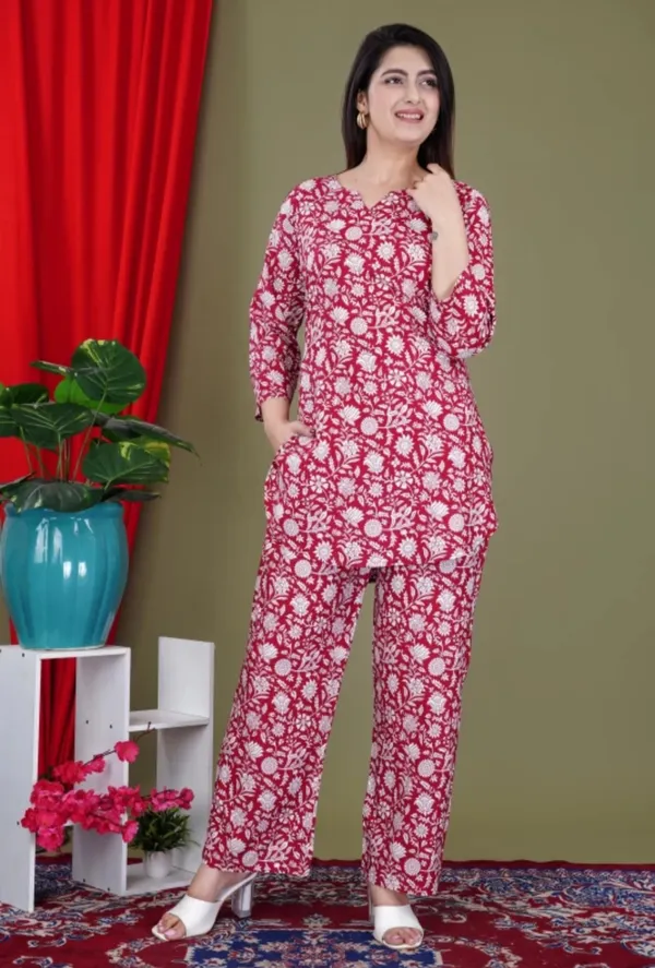 Red_Rayon_Round_Collar_3/4Th_Sleeves_Floral_Printed_Top_&_Pant_Co-Ord_Set