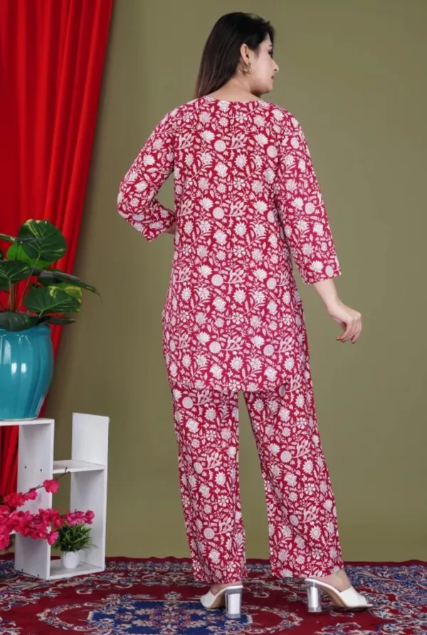 Red_Rayon_Round_Collar_3/4Th_Sleeves_Floral_Printed_Top_&_Pant_Co-Ord_Set