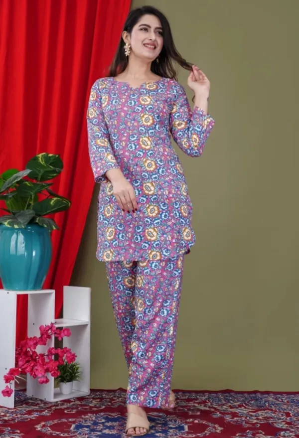 Purple_Rayon_Round_Collar_3/4Th_Sleeves_Floral_Printed_Top_&_Pant_Co-Ord_Set