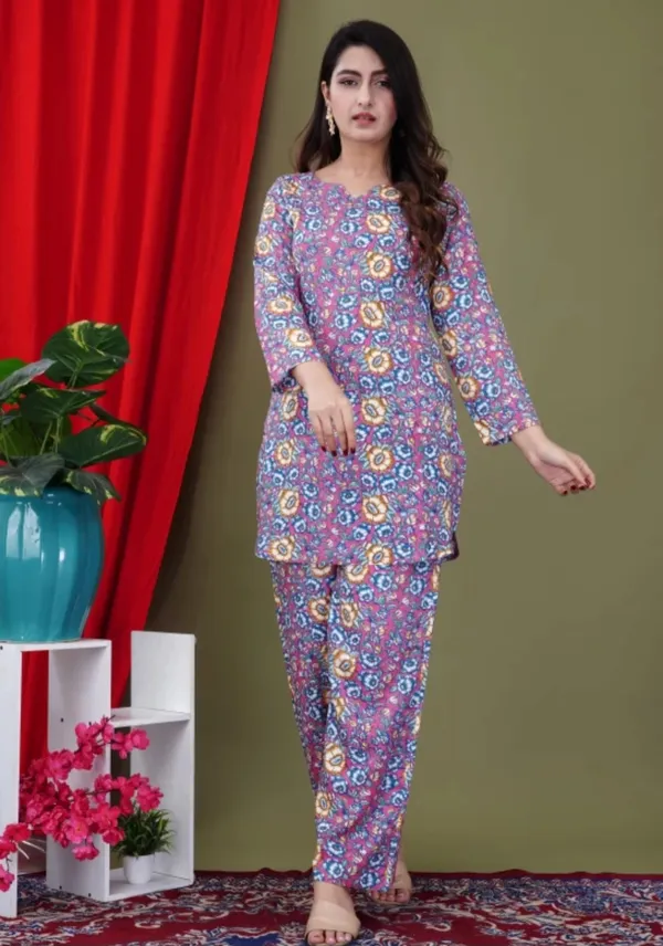 Purple_Rayon_Round_Collar_3/4Th_Sleeves_Floral_Printed_Top_&_Pant_Co-Ord_Set