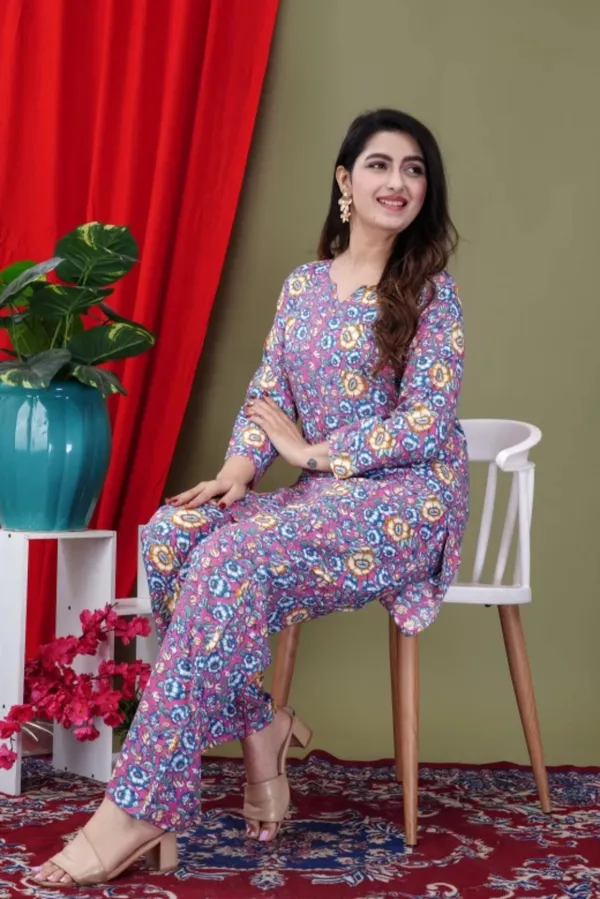 Purple_Rayon_Round_Collar_3/4Th_Sleeves_Floral_Printed_Top_&_Pant_Co-Ord_Set
