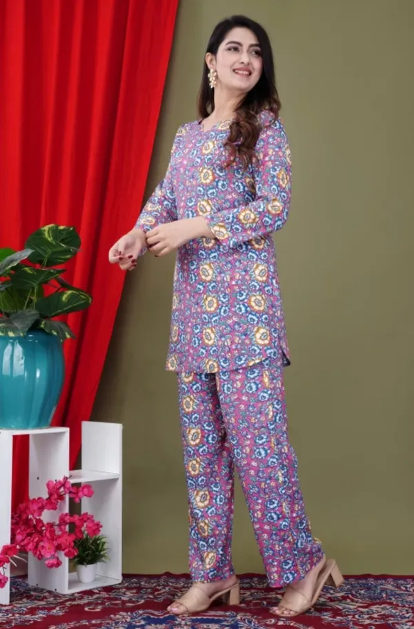 Purple_Rayon_Round_Collar_3/4Th_Sleeves_Floral_Printed_Top_&_Pant_Co-Ord_Set