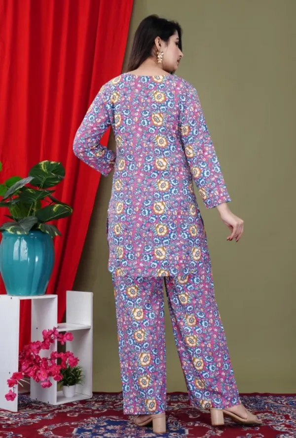 Purple_Rayon_Round_Collar_3/4Th_Sleeves_Floral_Printed_Top_&_Pant_Co-Ord_Set