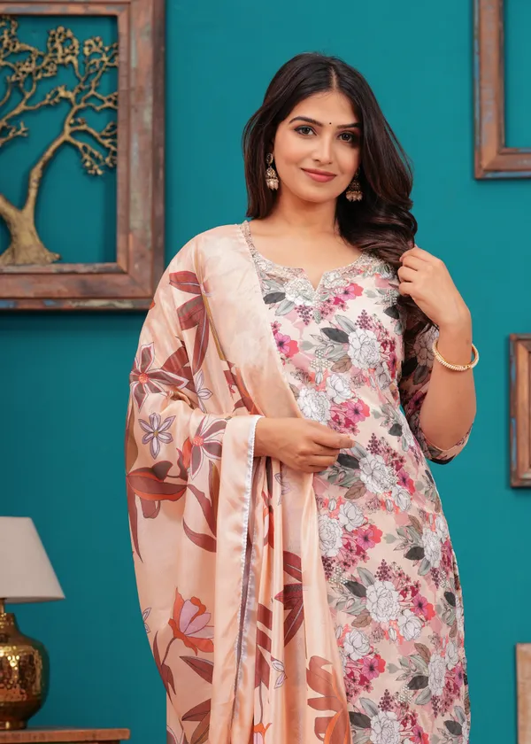 Cream_Chinon_V_Neck_3/4Th_Sleeves_Floral_Printed_Straight_Kurta,_Pant_Set_With_Dupatta_For_Women_&_Girls