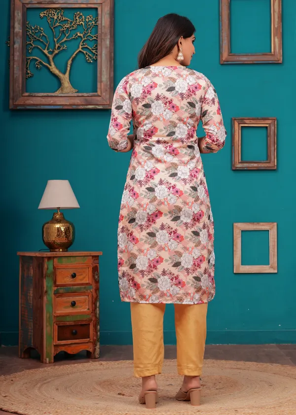 Cream_Chinon_V_Neck_3/4Th_Sleeves_Floral_Printed_Straight_Kurta,_Pant_Set_With_Dupatta_For_Women_&_Girls