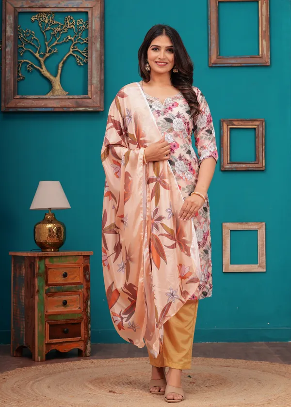 Cream_Chinon_V_Neck_3/4Th_Sleeves_Floral_Printed_Straight_Kurta,_Pant_Set_With_Dupatta_For_Women_&_Girls