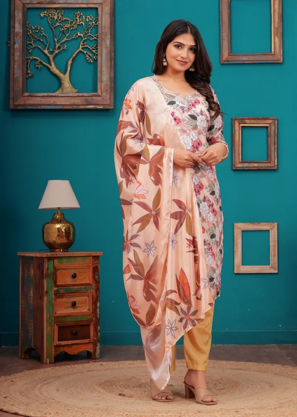 Cream_Chinon_V_Neck_3/4Th_Sleeves_Floral_Printed_Straight_Kurta,_Pant_Set_With_Dupatta_For_Women_&_Girls