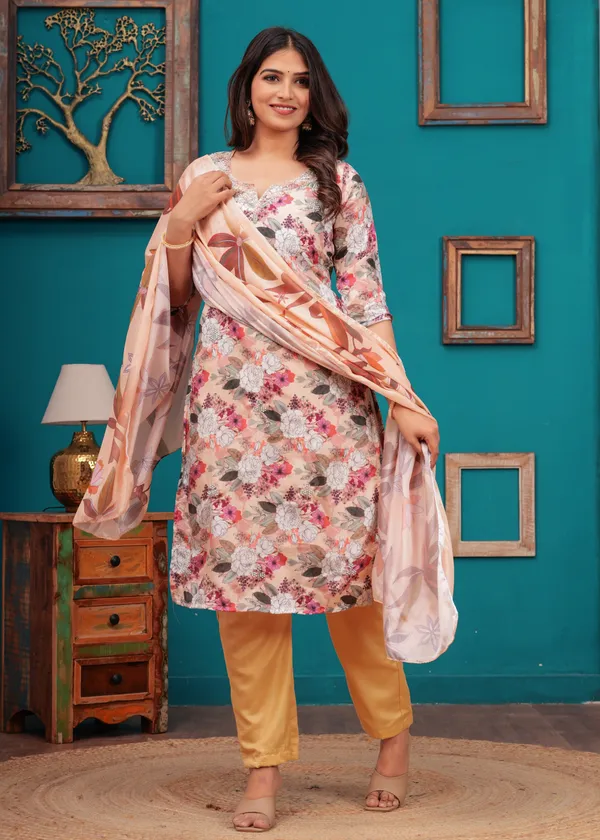 Cream_Chinon_V_Neck_3/4Th_Sleeves_Floral_Printed_Straight_Kurta,_Pant_Set_With_Dupatta_For_Women_&_Girls