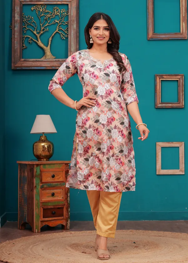 Cream_Chinon_V_Neck_3/4Th_Sleeves_Floral_Printed_Straight_Kurta,_Pant_Set_With_Dupatta_For_Women_&_Girls