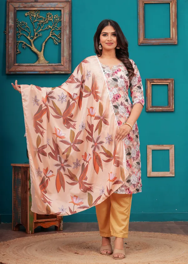 Cream_Chinon_V_Neck_3/4Th_Sleeves_Floral_Printed_Straight_Kurta,_Pant_Set_With_Dupatta_For_Women_&_Girls