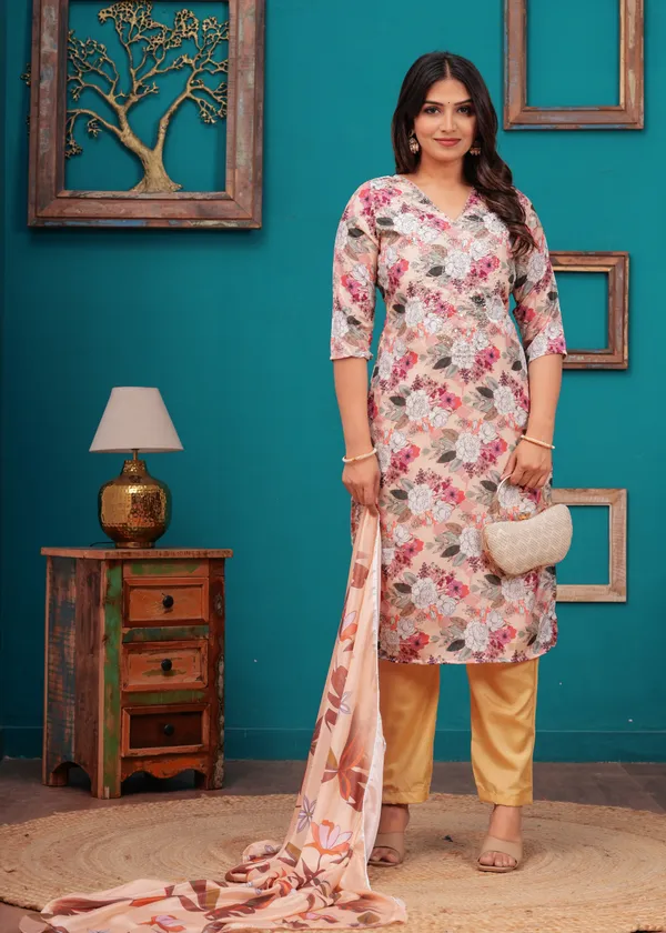 Cream_Chinon_V_Neck_3/4Th_Sleeves_Floral_Printed_Straight_Kurta,_Pant_Set_With_Dupatta_For_Women_&_Girls