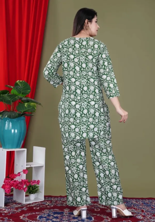 Green_Rayon_Round_Collar_3/4Th_Sleeves_Floral_Printed_Top_&_Pant_Co-Ord_Set