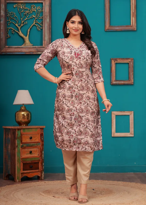 Cream_Chinon_V_Neck_3/4Th_Sleeves_Floral_Embroidered_Printed_Straight_Kurta,_Pant_Set_With_Dupatta