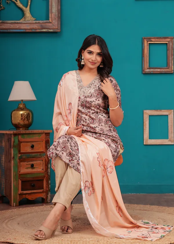 Cream_Chinon_V_Neck_3/4Th_Sleeves_Floral_Embroidered_Printed_Straight_Kurta,_Pant_Set_With_Dupatta