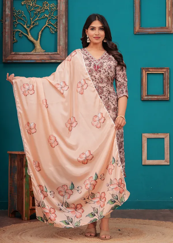 Cream_Chinon_V_Neck_3/4Th_Sleeves_Floral_Embroidered_Printed_Straight_Kurta,_Pant_Set_With_Dupatta