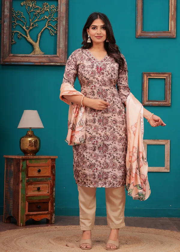 Cream_Chinon_V_Neck_3/4Th_Sleeves_Floral_Embroidered_Printed_Straight_Kurta,_Pant_Set_With_Dupatta