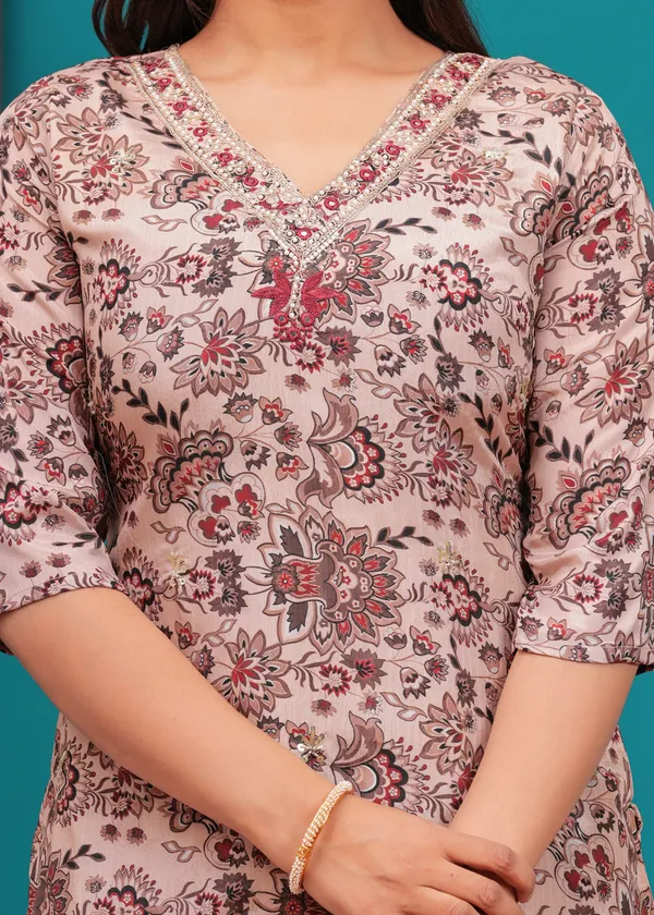 Cream_Chinon_V_Neck_3/4Th_Sleeves_Floral_Embroidered_Printed_Straight_Kurta,_Pant_Set_With_Dupatta