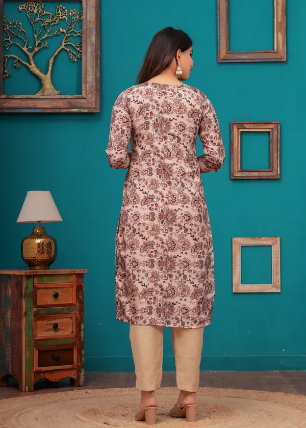 Cream_Chinon_V_Neck_3/4Th_Sleeves_Floral_Embroidered_Printed_Straight_Kurta,_Pant_Set_With_Dupatta