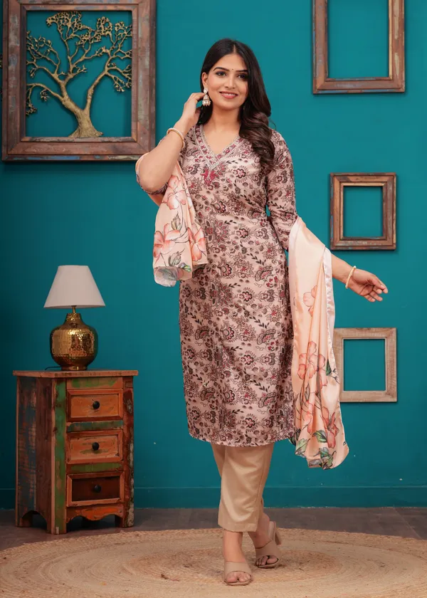Cream_Chinon_V_Neck_3/4Th_Sleeves_Floral_Embroidered_Printed_Straight_Kurta,_Pant_Set_With_Dupatta