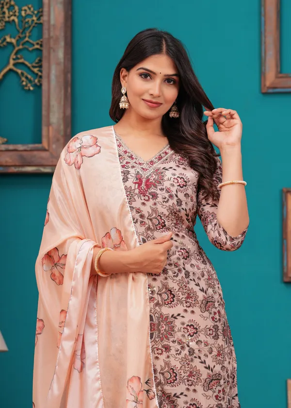 Cream_Chinon_V_Neck_3/4Th_Sleeves_Floral_Embroidered_Printed_Straight_Kurta,_Pant_Set_With_Dupatta