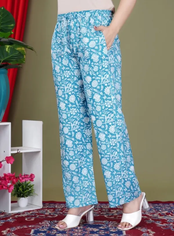 Turquoise_Rayon_Round_Collar_3/4Th_Sleeves_Floral_Printed_Top_&_Pant_Co-Ord_Set