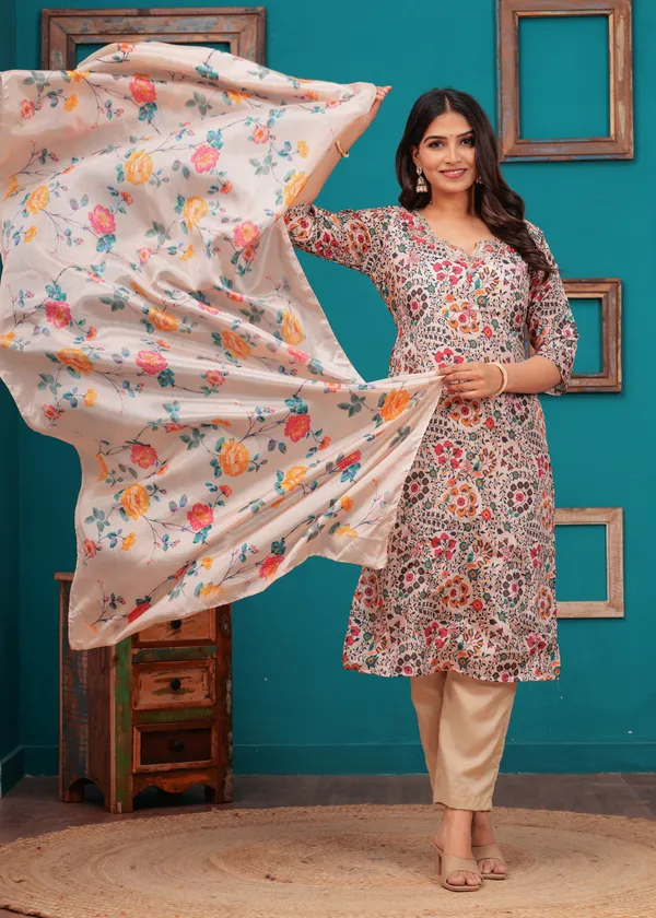 Cream_Chinon_V_Neck_3/4Th_Sleeves_Digital_Printed_Hand_Work_Straight_Kurta,_Pant_Set_With_Dupatta_New_