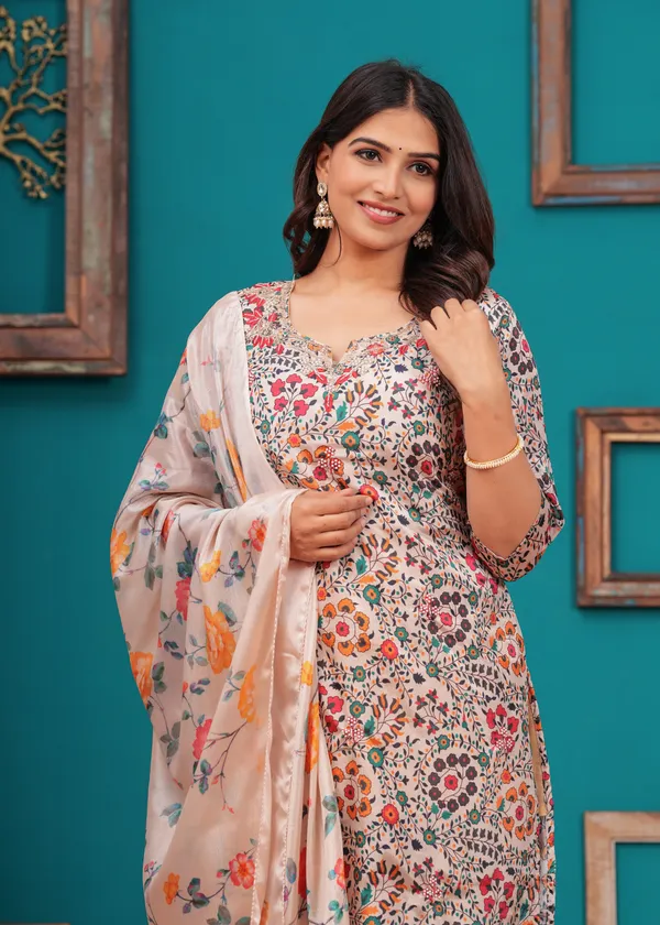 Cream_Chinon_V_Neck_3/4Th_Sleeves_Digital_Printed_Hand_Work_Straight_Kurta,_Pant_Set_With_Dupatta_New_