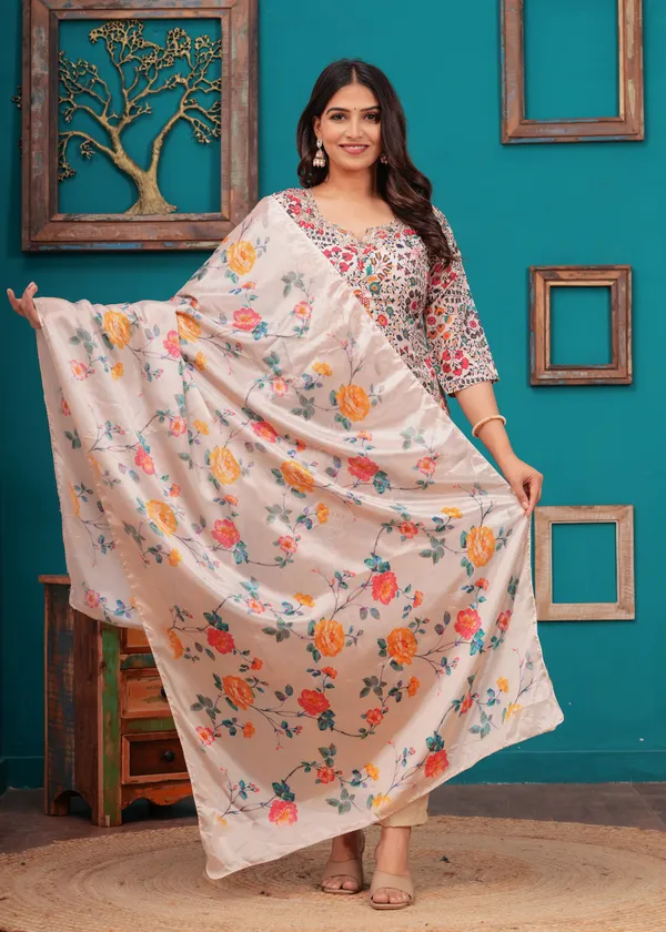Cream_Chinon_V_Neck_3/4Th_Sleeves_Digital_Printed_Hand_Work_Straight_Kurta,_Pant_Set_With_Dupatta_New_