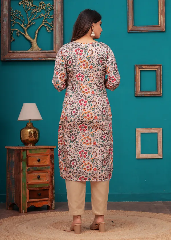 Cream_Chinon_V_Neck_3/4Th_Sleeves_Digital_Printed_Hand_Work_Straight_Kurta,_Pant_Set_With_Dupatta_New_