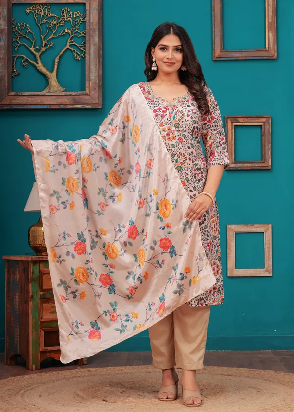 Cream_Chinon_V_Neck_3/4Th_Sleeves_Digital_Printed_Hand_Work_Straight_Kurta,_Pant_Set_With_Dupatta_New_